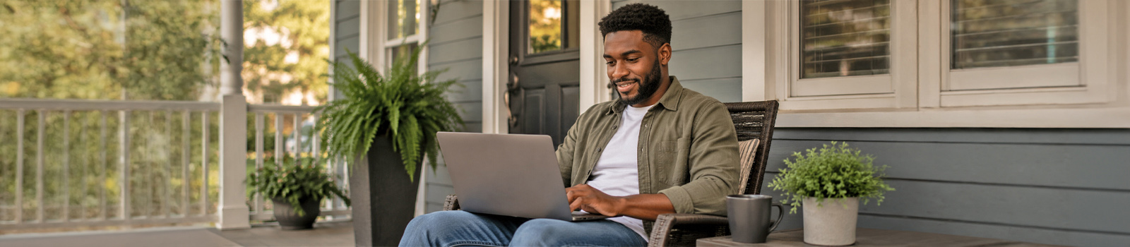 Man sitting on front porch on his laptop