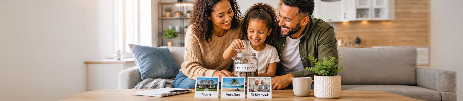 family putting money in a jar