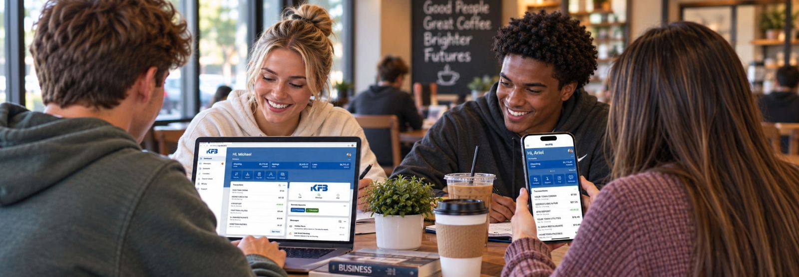 Teens at a coffee shop looking at their accounts